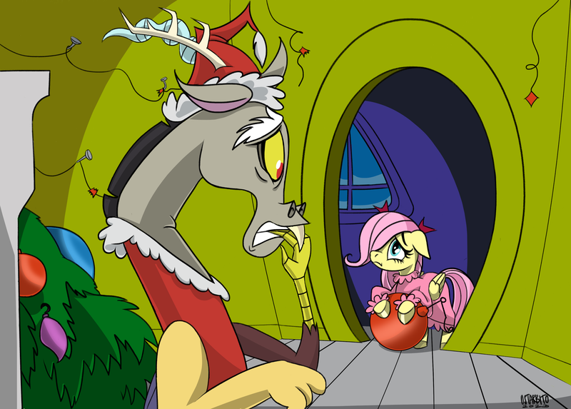 Size: 3460x2480 | Tagged: safe, artist:ostarbito, derpibooru import, discord, fluttershy, pegasus, pony, chimney, christmas, christmas ornament, christmas tree, cindy lou who, clothes, colored background, costume, decoration, duo, female, filly, filly fluttershy, floppy ears, foal, frown, g4, hat, holiday, horns, how the grinch stole christmas, image, indoors, interior, nails, pajamas, png, reference, sad, santa costume, santa hat, snow, the grinch, tree, worried, younger