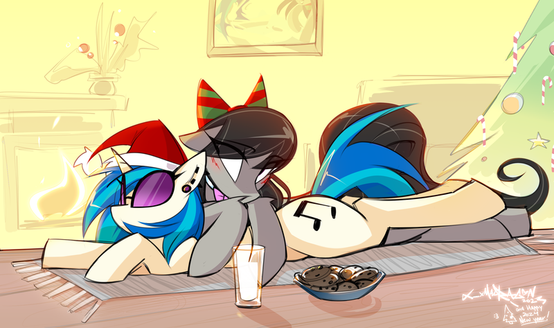 Size: 2500x1479 | Tagged: safe, artist:madragon, derpibooru import, octavia melody, vinyl scratch, earth pony, pony, unicorn, bow, christmas, christmas tree, cookie, duo, ear piercing, female, fireplace, food, g4, hair bow, happy new year, hat, holiday, image, lesbian, looking at someone, lying down, mare, milk, one ear down, piercing, png, relaxing, room, santa hat, scratchtavia, shipping, tree