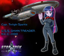 Size: 1000x875 | Tagged: safe, artist:captricosakara, derpibooru import, twilight sparkle, human, equestria girls, boots, captain, clothes, commission, crossover, female, humanized, image, intrepid class, jpeg, live long and prosper, logo, science fiction, shoes, solo, solo female, space, spaceship, star trek, star trek online, starfleet, starship, uniform, video game crossover, vulcan salute