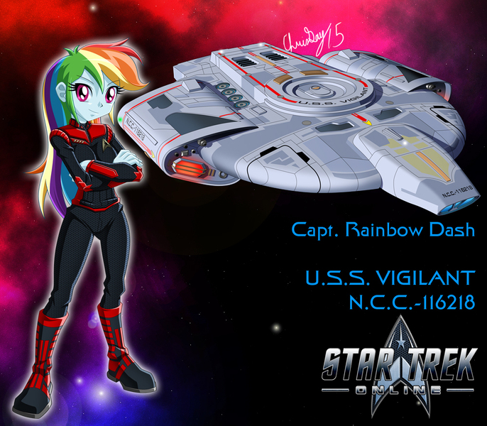 Size: 1000x875 | Tagged: safe, artist:captricosakara, derpibooru import, rainbow dash, human, equestria girls, boots, captain, clothes, commission, crossover, defiant class, female, humanized, image, jpeg, logo, science fiction, shoes, solo, solo female, space, spaceship, star trek, star trek online, starfleet, starship, uniform, video game crossover