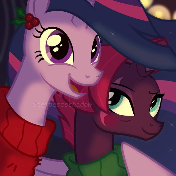 Size: 1080x1081 | Tagged: safe, artist:tempestsshadow, derpibooru import, princess twilight 2.0, tempest shadow, twilight sparkle, twilight sparkle (alicorn), alicorn, pony, unicorn, the last problem, duo, female, g4, hearth's warming, image, jpeg, older, older tempest shadow, older twilight, older twilight sparkle (alicorn)