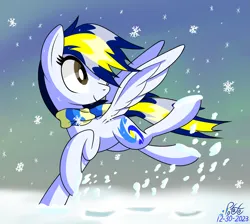 Size: 1569x1405 | Tagged: safe, artist:notadeliciouspotato, derpibooru import, oc, oc:huracata, unofficial characters only, pegasus, pony, clothes, female, g4, image, mare, png, running, scarf, signature, smiling, snow, snowfall, snowflake, solo, spread wings, wings