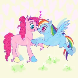 Size: 2048x2048 | Tagged: safe, artist:universalheart, derpibooru import, pinkie pie, rainbow dash, earth pony, pegasus, pony, blushing, boop, colored hooves, duo, ear tufts, female, flying, grass, heart, image, lesbian, mismatched hooves, missing cutie mark, noseboop, pinkiedash, png, ponytail, shipping, standing