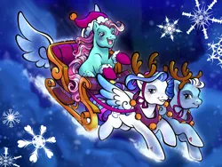 Size: 1280x960 | Tagged: safe, artist:sparkytopia, derpibooru import, minty, silver glow, earth pony, pegasus, pony, g3, antlers, christmas, closed mouth, clothes, colored wings, fake antlers, female, flying, gradient wings, grin, hat, holiday, hoof heart, image, jingle bells, jpeg, looking at someone, mare, night, night sky, open mouth, open smile, reindeer antlers, santa hat, sky, sleigh, smiling, snow, snow'el ii, snowflake, socks, sparkly wings, spread wings, trio, underhoof, wings, yoke