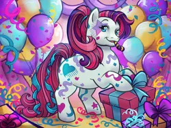 Size: 1280x960 | Tagged: safe, artist:sparkytopia, derpibooru import, earth pony, pony, g1, balloon, birthday party, birthday pony, confetti, female, image, mare, party, party horn, png, ponytail, present, ribbon, smiling, solo