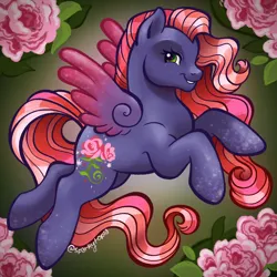 Size: 1280x1280 | Tagged: safe, artist:sparkytopia, derpibooru import, pony, g3, colored wings, female, flower, flying, gradient wings, green background, grin, image, looking at you, mare, png, royal rose, simple background, smiling, smiling at you, solo, sparkly legs, sparkly wings, spread wings, wings