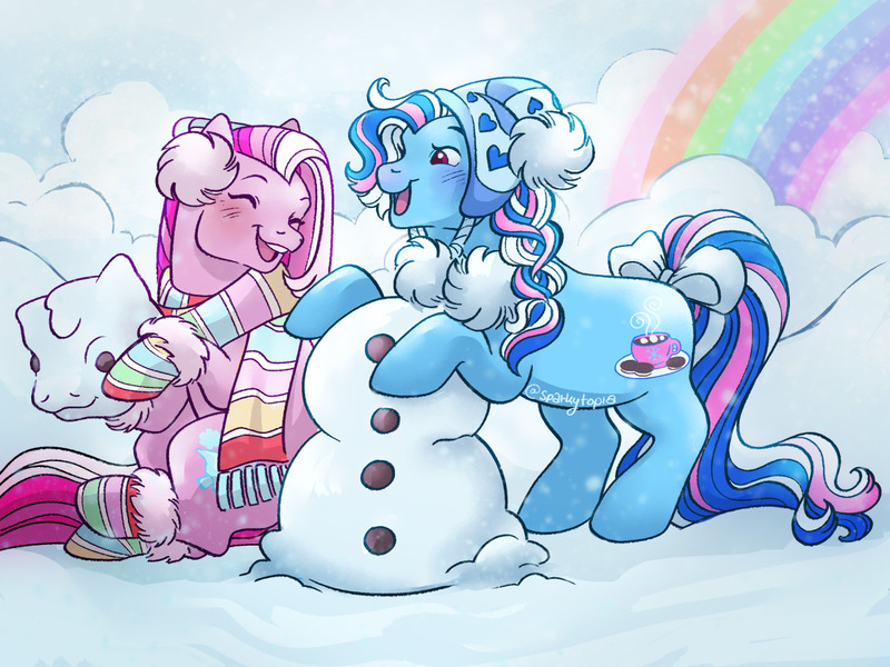 Size: 1280x960 | Tagged: safe, artist:sparkytopia, derpibooru import, marshmallow coco (g3), earth pony, pony, g3, bow, braid, bundled up for winter, clothes, cloud, duo, earmuffs, eyes closed, female, hat, image, jpeg, mare, mittens (g3), open mouth, open smile, rainbow, scarf, sky, smiling, snow, snowpony, socks, striped scarf, striped socks, tail, tail bow, winter, winter hat