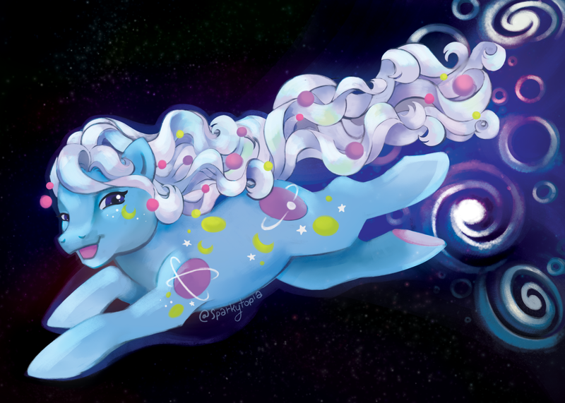 Size: 1280x914 | Tagged: safe, artist:sparkytopia, derpibooru import, night glider (g1), earth pony, pony, g1, female, flying, image, looking at you, mare, night, night sky, open mouth, open smile, png, sky, smiling, smiling at you, space