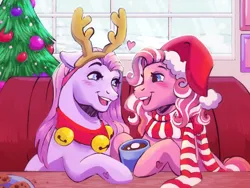 Size: 1280x960 | Tagged: safe, artist:sparkytopia, derpibooru import, snow'el, winter wish, earth pony, pony, g3, antlers, blushing, booth, chocolate, christmas, christmas tree, clothes, cookie, duo, fake antlers, female, food, hat, heart, holiday, hoof heart, hot chocolate, image, jingle bells, jpeg, lesbian, looking at each other, looking at someone, mare, mug, open mouth, open smile, ornament, ornaments, reindeer antlers, santa hat, scarf, ship:winter'el, shipping, smiling, striped scarf, tree, underhoof, window
