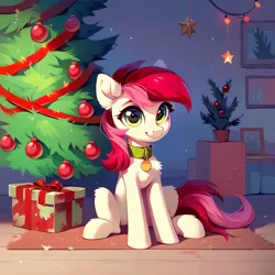 Size: 1000x1000 | Tagged: safe, ai content, derpibooru import, machine learning generated, prompter:doom9454, stable diffusion, roseluck, earth pony, pony, christmas, christmas ornament, christmas tree, collar, decoration, g4, generator:purplesmart.ai, holiday, image, jpeg, looking at you, pet tag, pony pet, present, rosepet, sitting, solo, tree