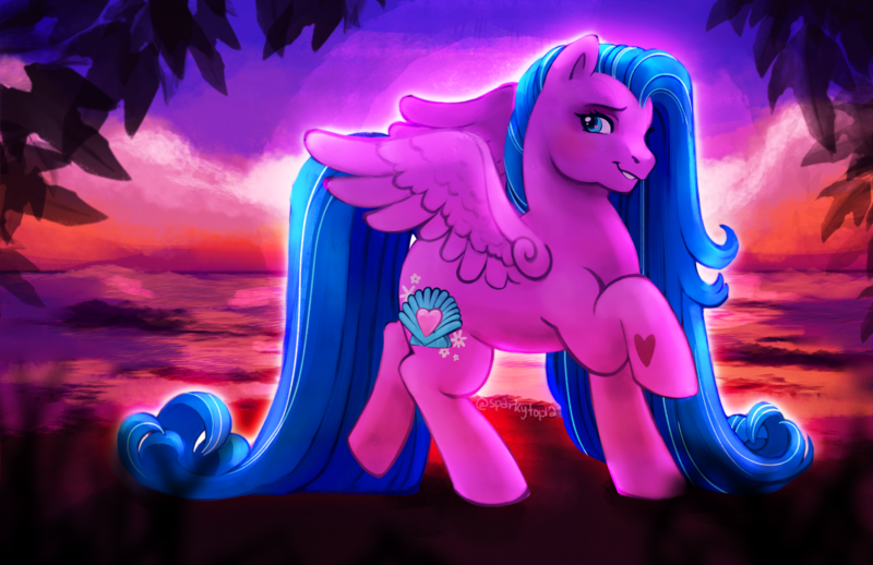Size: 1280x828 | Tagged: safe, artist:sparkytopia, derpibooru import, island delight, pegasus, pony, g3, 3d cutie mark, beach, beautiful, color porn, female, grin, hoof heart, image, leaf, long mane, long tail, mare, ocean, png, raised hoof, sky, smiling, solo, spread wings, sunset, tail, underhoof, water, wings