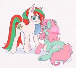 Size: 1280x1150 | Tagged: safe, derpibooru import, merry treat, minty, earth pony, pony, g1, g3, :3, blush sticker, blushing, christmas, christmas stocking, clothes, duo, duo female, ear fluff, female, holiday, image, looking at each other, looking at someone, lying down, mare, mouth hold, open mouth, open smile, png, prone, simple background, smiling, socks, standing, underhoof, white background