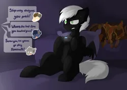 Size: 3510x2480 | Tagged: safe, artist:malurs, derpibooru import, oc, oc:shadow flare, pegasus, timber wolf, bed, blind eye, commission, controller, dialogue, headphones, image, male, pillow, png, sweat, sweatdrop, video game, ych result