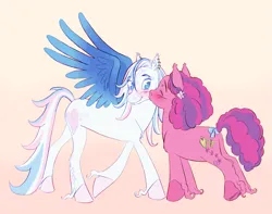Size: 2047x1609 | Tagged: safe, artist:universalheart, derpibooru import, skywishes, star catcher, earth pony, pegasus, pony, g3, duo, female, image, kiss on the cheek, kissing, lesbian, png, ship:skycatcher, shipping, simple background, spread wings, wings