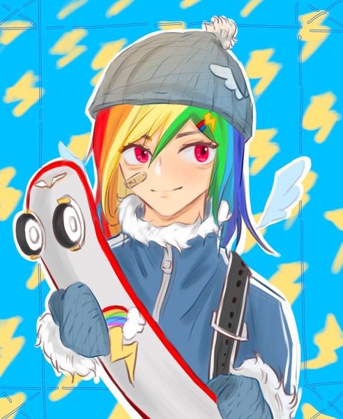 Size: 1640x2000 | Tagged: safe, artist:bianhuabaohuxiehuihuizhang, derpibooru import, part of a set, rainbow dash, human, bandaid, clothes, floating wings, hat, humanized, image, jacket, jpeg, light skin, mittens, skateboard, solo, winged humanization, wings