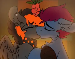 Size: 1946x1545 | Tagged: safe, artist:kirbirb, derpibooru import, oc, oc:crafted sky, oc:punch sideiron, unofficial characters only, earth pony, hippogriff, earth pony oc, eyes closed, gay, hippogriff oc, image, kissing, male, mistletoe, png, shipping