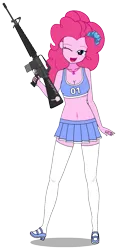 Size: 639x1351 | Tagged: safe, artist:edy_january, derpibooru import, edit, vector edit, pinkie pie, human, equestria girls, equestria girls series, assault rifle, cheerleader, clothes, g4, geode of sugar bombs, gun, humanized, image, kisekae, lollipop chainsaw, lollipop rifle, m16, magical geodes, miniskirt, parody, png, reference, rifle, shirt, shoes, simple background, skirt, socks, solo, stockings, thigh highs, transparent background, trigger discipline, vector, vulgar description, weapon