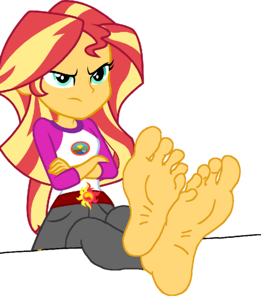 Size: 720x840 | Tagged: safe, artist:declucivemario2842, derpibooru import, sunset shimmer, human, equestria girls, angry, barefoot, base, camp everfree outfits, clothes, crossed arms, feet, feet on table, feet up, female, fetish, foot fetish, foot focus, g4, image, png, soles, toes