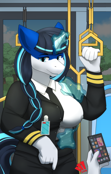 Size: 3674x5740 | Tagged: questionable, artist:alsky, derpibooru import, oc, oc:ratangga, ponified, anthro, object pony, original species, train pony, unicorn, anthro oc, breasts, bus, clothes, image, png, train, uniform