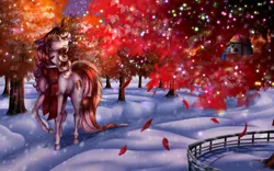 Size: 1131x707 | Tagged: safe, artist:starmoonlightfox, derpibooru import, oc, oc:razlad, unofficial characters only, bird, pony, bird house, clothes, devil, fence, helix horn, horn, image, jpeg, leaves, looking up, scarf, scenery, secret santa, snow, snowfall, solo, striped scarf, tree