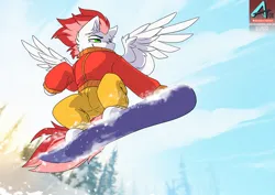 Size: 1100x778 | Tagged: safe, artist:arctic-fox, derpibooru import, oc, unofficial characters only, pegasus, pony, image, jpeg, pegasus oc, snowboard, solo, wings