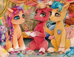 Size: 3300x2550 | Tagged: safe, artist:lailyren, derpibooru import, hitch trailblazer, spike, sprout cloverleaf, sunny starscout, earth pony, pony, g5, christmas, christmas lights, female, figurine, high res, holiday, image, jpeg, male, mare, paintbrush, plushie, spike plushie, stallion, traditional art, trio