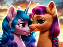 Size: 4096x3072 | Tagged: safe, ai content, derpibooru import, machine learning generated, prompter:kluknawa235, stable diffusion, izzy moonbow, sunny starscout, earth pony, unicorn, g5, chest fluff, ear fluff, generator:pony diffusion v6 xl, generator:purplesmart.ai, horn, image, jpeg, looking at you, smiling