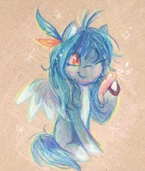 Size: 1341x1573 | Tagged: safe, artist:equmoria, derpibooru import, oc, unofficial characters only, pegasus, pony, blushing, colored pencil drawing, feather, image, jpeg, solo, sparkles, traditional art