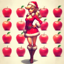 Size: 2048x2048 | Tagged: safe, ai content, derpibooru import, machine learning generated, prompter:krivovyaz, applejack, human, apple, boots, breasts, christmas, clothes, costume, food, generator:bing image creator, hat, holiday, humanized, image, png, santa costume, santa hat, shoes, simple background, solo