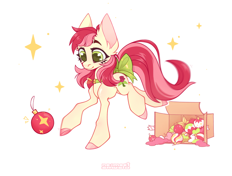 Size: 2900x2200 | Tagged: safe, artist:ne imeet smysla, derpibooru import, roseluck, pony, behaving like a cat, bow, christmas, christmas ornament, collar, commission, commissioner:doom9454, cute, decoration, holiday, image, pet tag, png, pony pet, rosepet, tail, tail bow