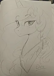 Size: 1450x2048 | Tagged: safe, artist:thelunarmoon, derpibooru import, princess celestia, alicorn, pony, bust, eyebrows, eyebrows visible through hair, female, grayscale, image, jpeg, looking at you, mare, monochrome, pencil drawing, solo, traditional art