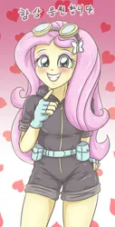 Size: 1893x3741 | Tagged: safe, artist:sumin6301, derpibooru import, fluttershy, butterfly, human, insect, equestria girls, aviator goggles, belt, blushing, clothes, eyeshadow, female, fingerless gloves, g4, gloves, goggles, goggles on head, hairclip, image, jpeg, korean, legs, looking at you, makeup, moon runes, pouch, smiling, smiling at you, solo, thighs, utility belt, zipper