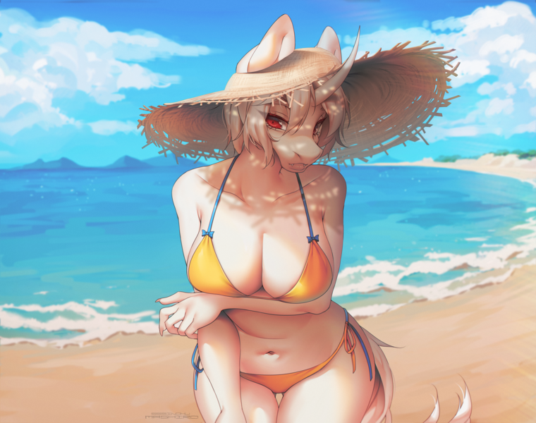 Size: 3661x2891 | Tagged: suggestive, artist:mashiro, derpibooru import, oc, unofficial characters only, anthro, unicorn, arm under breasts, beach, bikini, blue sky, breasts, cleavage, clothes, female, hat, horn, image, ocean, png, red eyes, side-tie bikini, solo, solo female, straw hat, swimsuit, teeth, unicorn oc, water