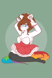 Size: 1365x2048 | Tagged: safe, artist:mscolorsplash, derpibooru import, oc, oc:color splash, unofficial characters only, anthro, pegasus, plantigrade anthro, armpits, arms in the air, bow, breasts, cleavage, clothes, dress, female, floppy ears, green background, high heels, image, looking up, no pupils, png, shoes, simple background, sitting, socks, solo, stockings, thigh highs, tongue out, updo