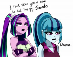 Size: 2000x1548 | Tagged: safe, artist:nekojackun, derpibooru import, aria blaze, sonata dusk, human, equestria girls, bangs, bell, bell collar, breasts, cleavage, clothes, collar, dialogue, eyebrows, eyebrows visible through hair, eyeshadow, female, fingerless gloves, g4, gloves, i think we're gonna have to kill this guy, image, jpeg, lidded eyes, lip gloss, makeup, meme, open mouth, pigtails, ponytail, shirt, simple background, sleeveless, twintails, white background, zipper