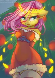 Size: 3508x4961 | Tagged: safe, artist:chaosangeldesu, derpibooru import, fluttershy, anthro, pegasus, belt, christmas, christmas lights, christmas tree, clothes, commission, cute, dress, female, holiday, image, jpeg, socks, solo, solo female, tree, ych result