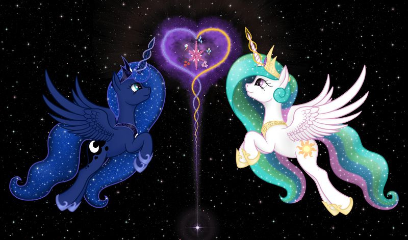 Size: 5100x3000 | Tagged: safe, artist:xodok, derpibooru import, princess celestia, princess luna, alicorn, pony, series:ponyashnost, cutie mark, female, heart, image, jpeg, magic, night, royal sisters, siblings, sisters, stars