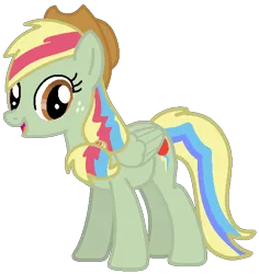 Size: 539x572 | Tagged: safe, derpibooru import, oc, oc:zap-apple jam, unofficial characters only, pegasus, pony, applejack's hat, cowboy hat, female, freckles, fusion, fusion:applejack, fusion:rainbow dash, hat, image, looking at you, mare, multicolored hair, png, rainbow hair, simple background, smiling, transparent background, wings