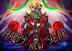 Size: 1600x1143 | Tagged: safe, artist:sunny way, derpibooru import, anthro, horse, pegasus, art, artwork, celebration, christmas, digital art, exclusive, female, garland, happy, happy new year, happy new year 2024, holiday, image, le tits now, let it snow, male, muscles, new year, png, smiling, stars, sunny way, transformers, unicron