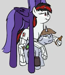 Size: 579x669 | Tagged: safe, artist:barhandar, oc, oc:blackjack, oc:goddess, oc:littlepip, unofficial characters only, alicorn, cyborg, unicorn, fallout equestria, fallout equestria: project horizons, alcohol, amputee, annoyed, bottle, colored sketch, fanfic art, gray background, horn, image, large horn, leaning, png, quadruple amputee, redraw, simple background, size difference, sketch, small, small horn, whiskey