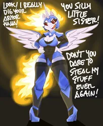 Size: 2600x3193 | Tagged: safe, artist:flutterthrash, derpibooru import, daybreaker, princess celestia, alicorn, anthro, plantigrade anthro, 2d, armor, breasts, busty daybreaker, busty princess celestia, cleavage, clothes, clothes swap, dialogue, eyeshadow, fangs, fiery mane, fiery tail, g4, hand, high heels, high res, horn, image, implied nightmare moon, lidded eyes, makeup, nightmare moon armor, open mouth, png, shoes, socks, thigh highs, wings