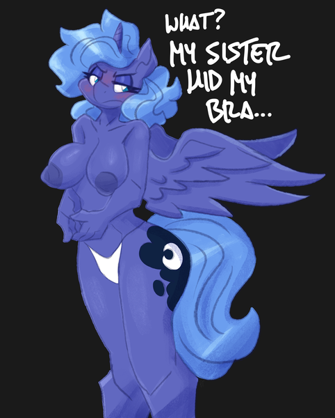 Size: 2500x3110 | Tagged: questionable, artist:flutterthrash, derpibooru import, princess luna, alicorn, anthro, 2d, belly button, black background, blushing, breasts, busty princess luna, clothes, cutie mark, dialogue, embarrassed, exposed breasts, eyeshadow, female, g4, high res, hips, horn, image, implied princess celestia, legs, lidded eyes, looking away, makeup, midriff, nipples, nudity, panties, partial nudity, png, s1 luna, simple background, solo, solo female, spread wings, talking to viewer, thong, topless, unamused, underwear, white underwear, wings
