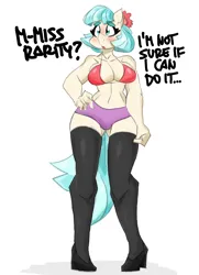 Size: 2800x3862 | Tagged: suggestive, artist:flutterthrash, derpibooru import, coco pommel, anthro, earth pony, plantigrade anthro, belly button, blushing, bra, breasts, busty coco pommel, cleavage, clothes, dialogue, embarrassed, female, g4, hand on hip, high res, image, implied rarity, midriff, nudity, open mouth, panties, png, shoes, simple background, socks, solo, solo female, stockings, thigh highs, underwear, vulva, white background