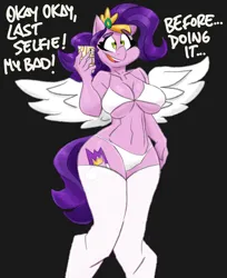 Size: 2800x3428 | Tagged: suggestive, artist:flutterthrash, derpibooru import, pipp petals, anthro, pegasus, g5, belly button, big breasts, bikini, black background, bra, breasts, busty pipp petals, cleavage, clothes, cutie mark, dialogue, eyebrows, female, high res, image, imminent sex, midriff, mobile phone, panties, phone, png, simple background, smartphone, socks, solo, solo female, spread wings, stockings, string bikini, swimsuit, thigh highs, thong, underwear, white underwear, wide hips, wings
