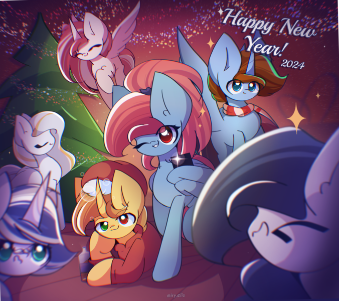 Size: 3100x2750 | Tagged: safe, artist:miryelis, derpibooru import, oc, oc:rainven wep, unofficial characters only, alicorn, earth pony, pegasus, pony, unicorn, big ears, flying, happy new year, happy new year 2024, holiday, image, looking at you, party, png, smiling, standing, text