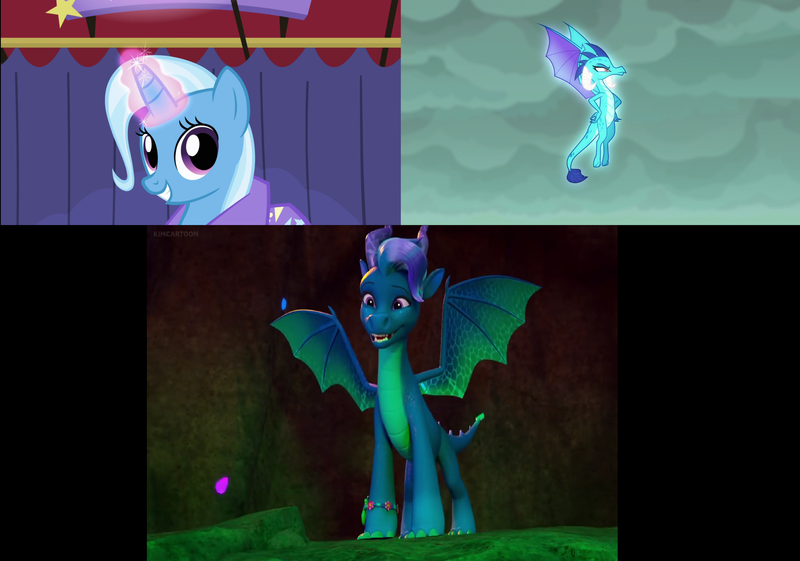 Size: 3840x2692 | Tagged: safe, derpibooru import, edit, screencap, princess ember, trixie, dragon, pony, unicorn, boast busters, g5, gauntlet of fire, my little pony: make your mark, spoiler:g5, spoiler:my little pony: make your mark, spoiler:my little pony: make your mark chapter 6, spoiler:mymc06e01, dragoness, female, fountain (g5), g4, image, mare, my little pony: make your mark chapter 6, png, the isle of scaly