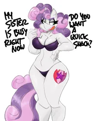 Size: 2600x3380 | Tagged: suggestive, artist:flutterthrash, derpibooru import, sweetie belle, anthro, unicorn, bedroom eyes, belly button, big breasts, bra, breasts, busty sweetie belle, cleavage, clothes, dialogue, female, g4, high res, image, imminent sex, implied rarity, older, older sweetie belle, open mouth, panties, png, simple background, solo, solo female, talking to viewer, thong, underwear, white background, wide hips