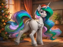 Size: 2048x1536 | Tagged: safe, ai content, derpibooru import, machine learning generated, stable diffusion, princess celestia, alicorn, pony, butt, chest fluff, christmas, christmas lights, christmas tree, closed mouth, dock, ear fluff, featureless crotch, female, full body, g4, generator:easyfluff v11.2, hat, holiday, horn, image, indoors, light skin, living room, long hair, looking at you, looking back, looking back at you, mare, missing cutie mark, night, plot, png, prompter:kalmar, purple eyes, rear view, santa hat, smiling, smiling at you, solo, spread wings, standing, sunbutt, tail, tail aside, tree, unshorn fetlocks, wings