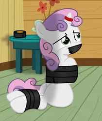 Size: 2000x2377 | Tagged: safe, artist:cardshark777, derpibooru import, sweetie belle, pony, unicorn, blank flank, bondage, bound and gagged, cabinet, captive, clubhouse, digital art, duct tape, female, filly, flower, foal, g4, gag, helpless, horn, horn ring, image, jewelry, looking offscreen, looking up, magic suppression, png, ring, scared, shading, sitting, solo, tape, tape bondage, tape gag, tied up, vase, wip