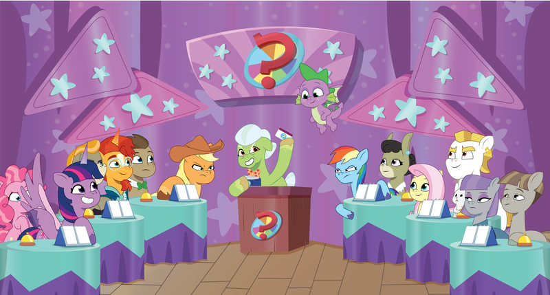 Size: 6150x3300 | Tagged: safe, artist:prixy05, derpibooru import, angel bunny, applejack, bulk biceps, cranky doodle donkey, doctor whooves, fluttershy, granny smith, matilda, maud pie, mudbriar, pinkie pie, rainbow dash, spike, sunburst, time turner, twilight sparkle, twilight sparkle (alicorn), alicorn, donkey, dragon, earth pony, pegasus, pony, rabbit, unicorn, a trivial pursuit, g5, my little pony: tell your tale, animal, facial hair, female, flying, g4, g4 to g5, generation leap, goatee, image, male, mare, pinkie pie is not amused, png, scene interpretation, smiling, spread wings, stallion, table, trivia trot, unamused, winged spike, wings